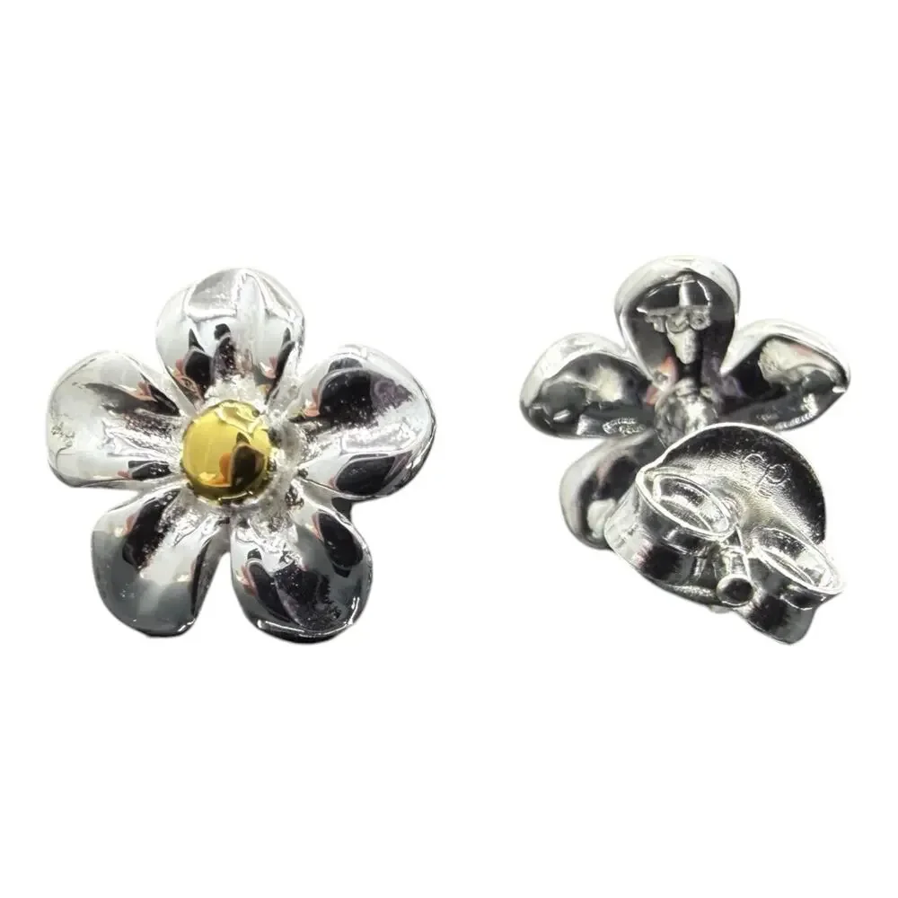Daisy Stud Earrings 925 Sterling Silver Small Flowers Brass Accents